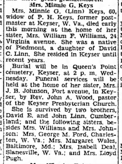 1936-01-07 - Minnie Linn-Keys - Cumberland Evening Times - Cumberland Maryland p 7 col 3 - Obit