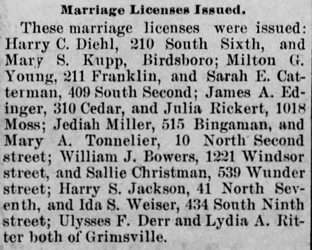 1896-06-30 - Bowers-Christman - Reading Times p4 col 5 - Marriage License