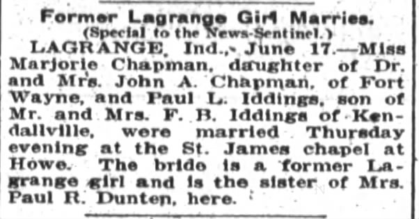 Wedding of Marjorie Chapman and Paul L. Iddings 1922
