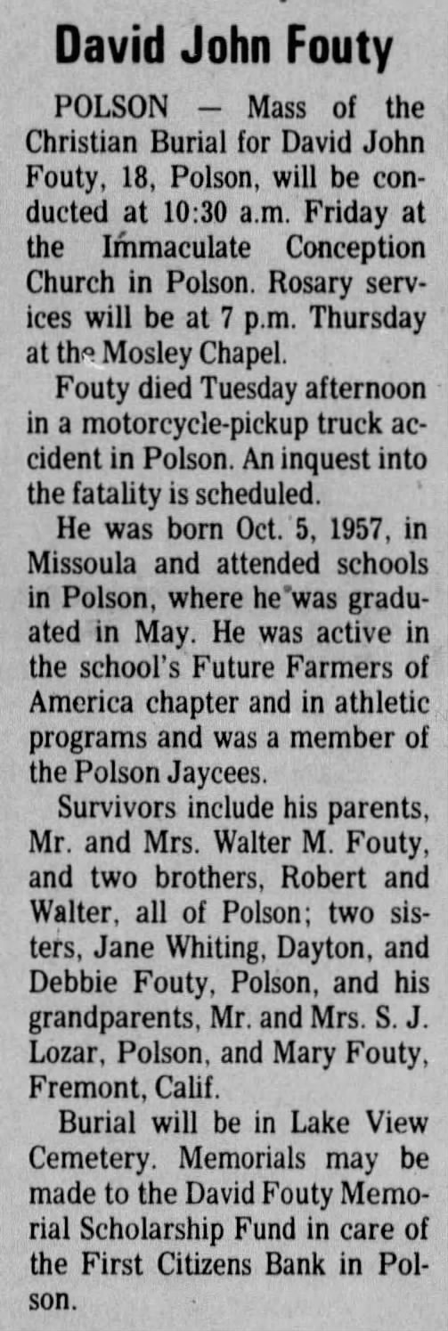 Obituary for David John Fouty (Aged 18)