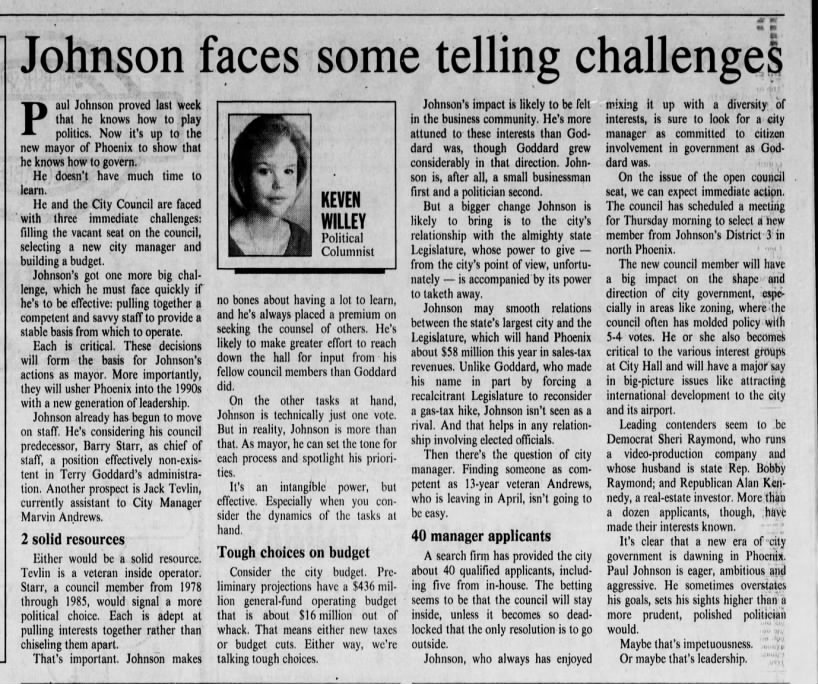 "Johnson faces some telling challenges" (Feb 21,1990)
