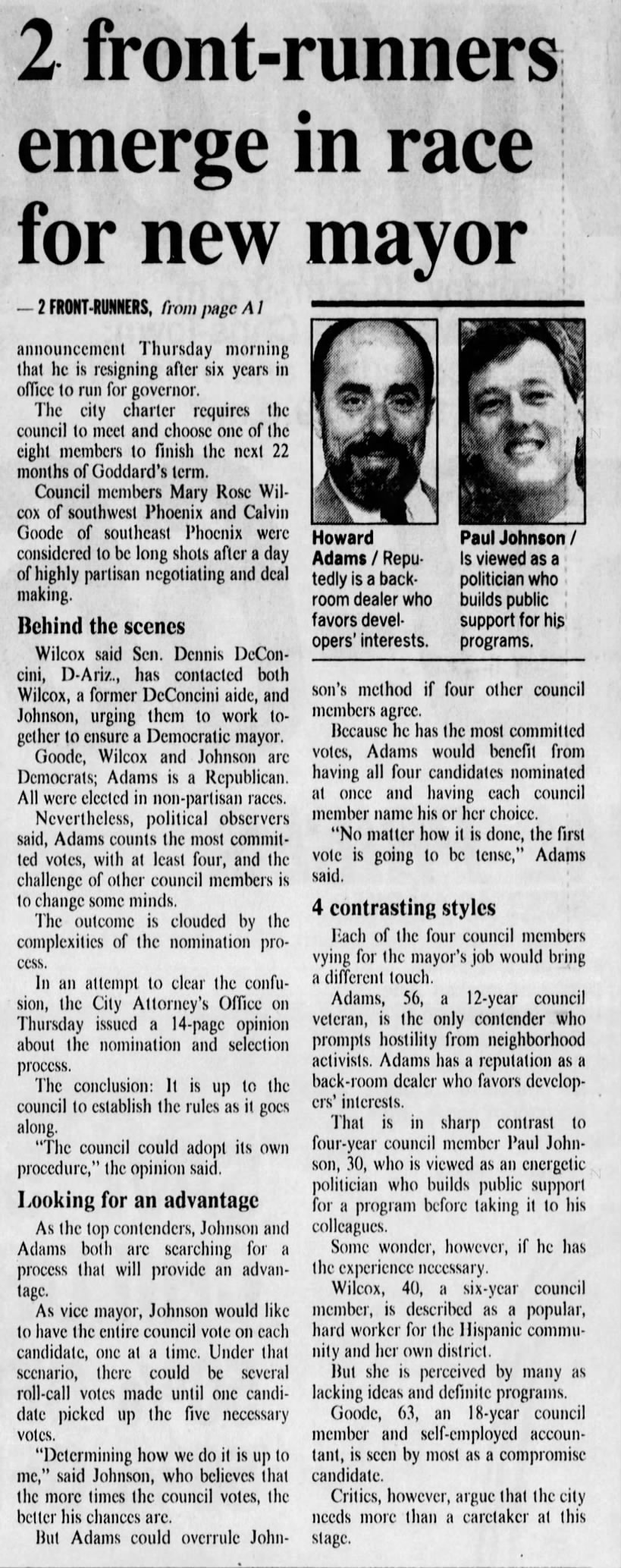 "2 front-runners emerge in race for new mayor" (Feb 16, 1990)