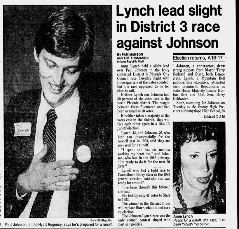 "Lynch lead slight in District 3" (Nov 06, 1985)