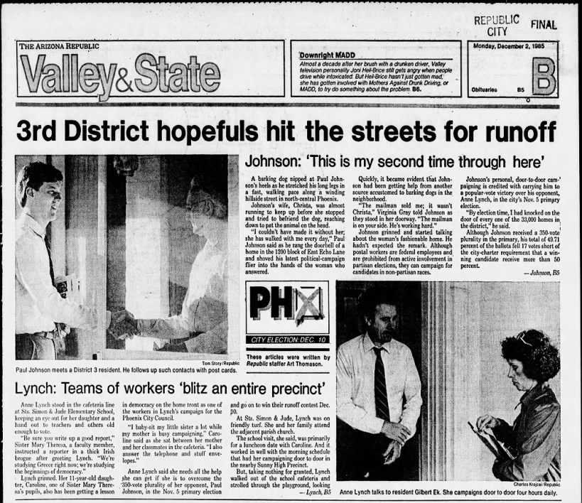 Art Thomason, (December 2, 1985) “Third District Hopefuls Hit the Street For Runoff.”