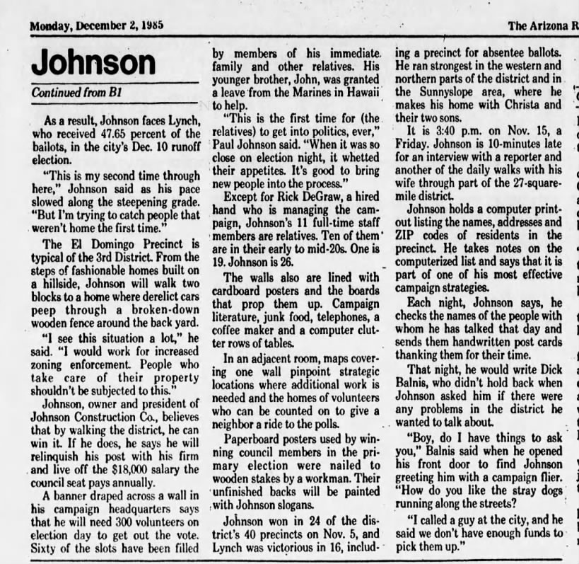 "Johnson captured the majority of vote in the general election." (Dec 02, 1985)