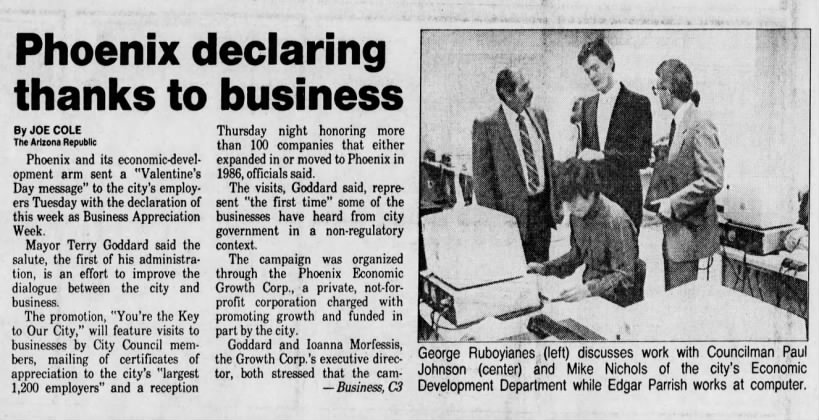 "Phoenix declares thanks to businesses" (Feb 18, 1987)
