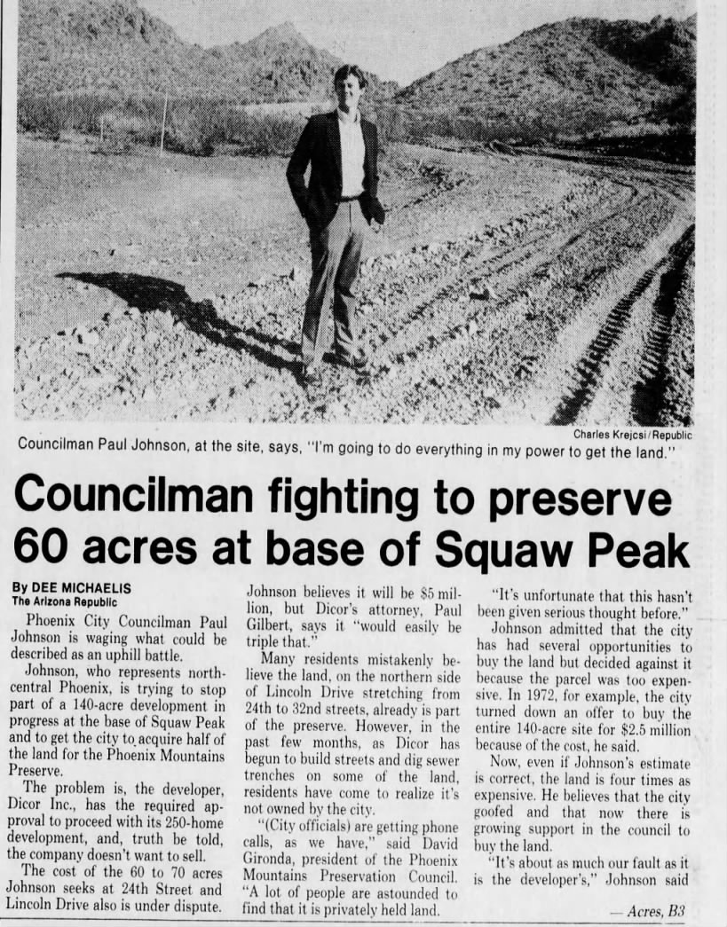 "Councilman Fighting to preserve 60 acres at base of Squaw Peak" (Mar 01, 1987)