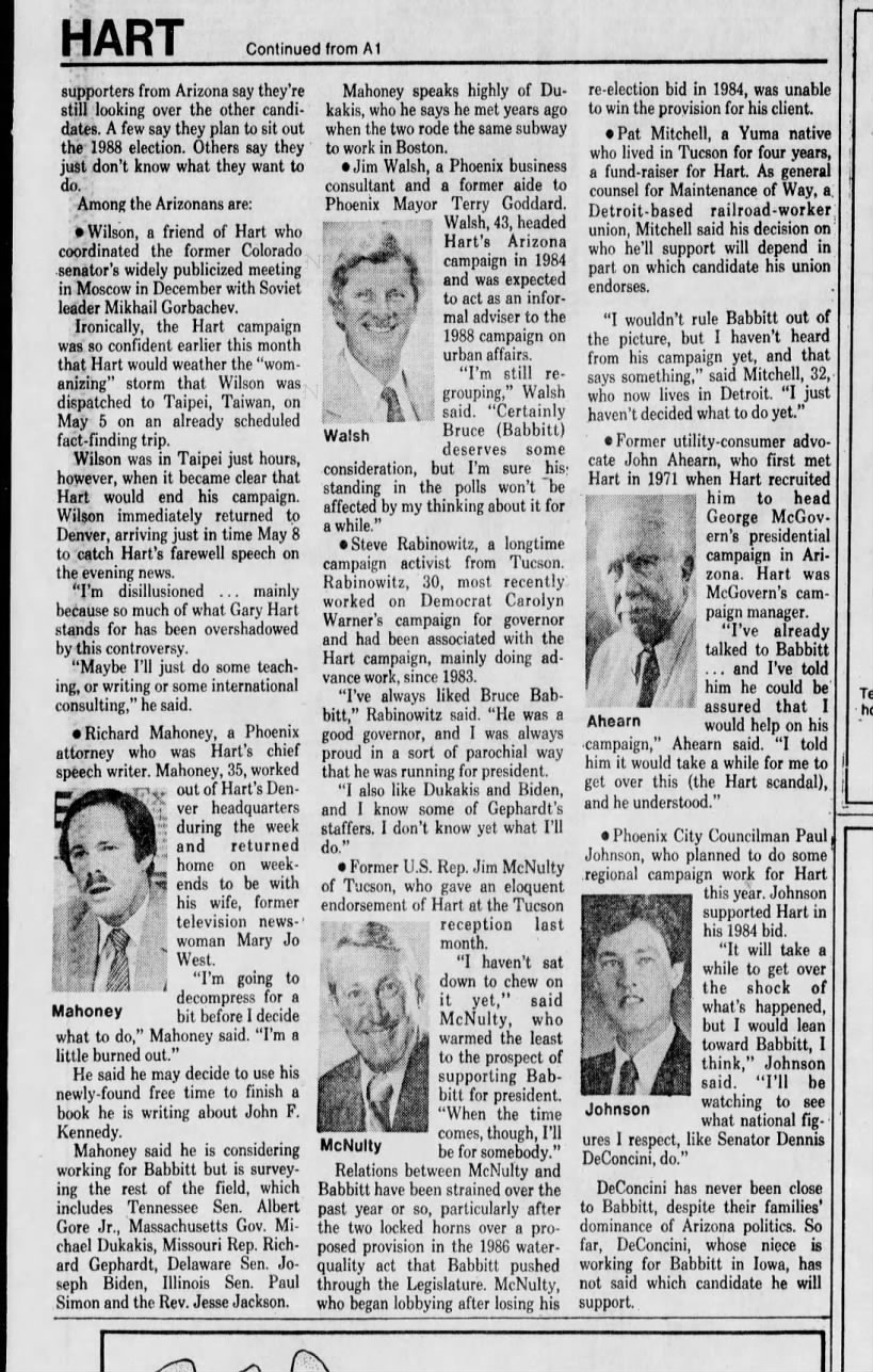 "Disappointed Hart staffers in state pick new candidates-or no one" (May 18, 1987)
