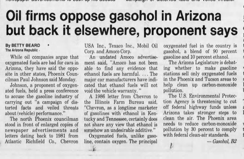 "Oil firms oppose gasohol in Arizona but back it elsewhere, proponent says" (Jan 26, 1988)