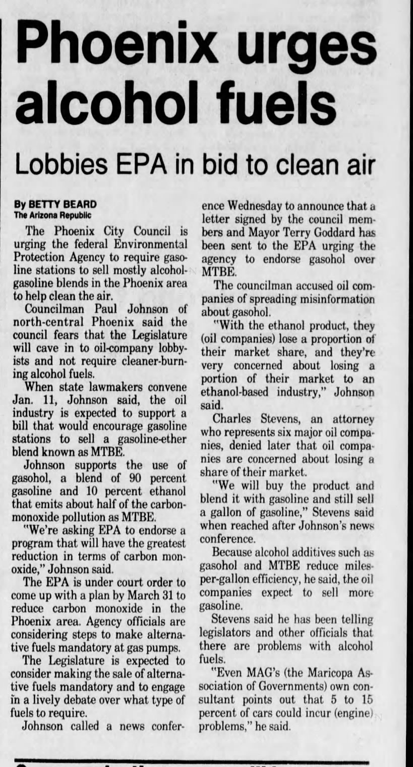 "Phoenix urges alcohol fuels" (Dec 31, 1987)
