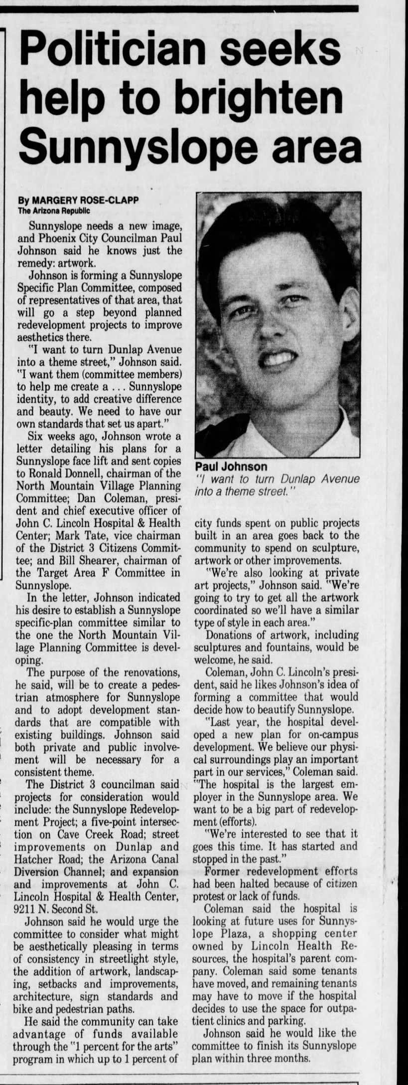 "Politician seeks help to brighten Sunnyslope area" (Feb 15, 1988)