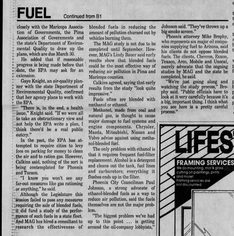 "EPA mulls fuel shift in Arizona" (Aug 14, 1987)
