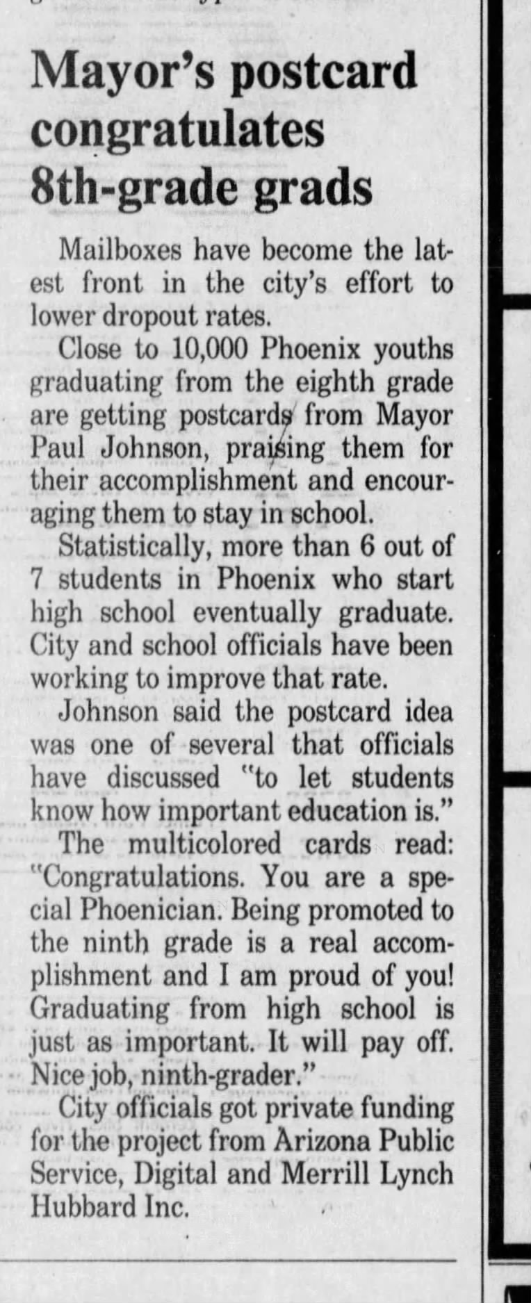 "Mayor's postcard congratulatons 8th-grade grads" (Jun 11, 1990)