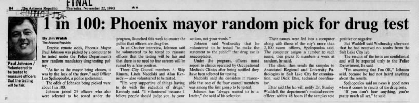 “1 in 100: Phoenix mayor random pick for drug test” (Nov 22, 1990)