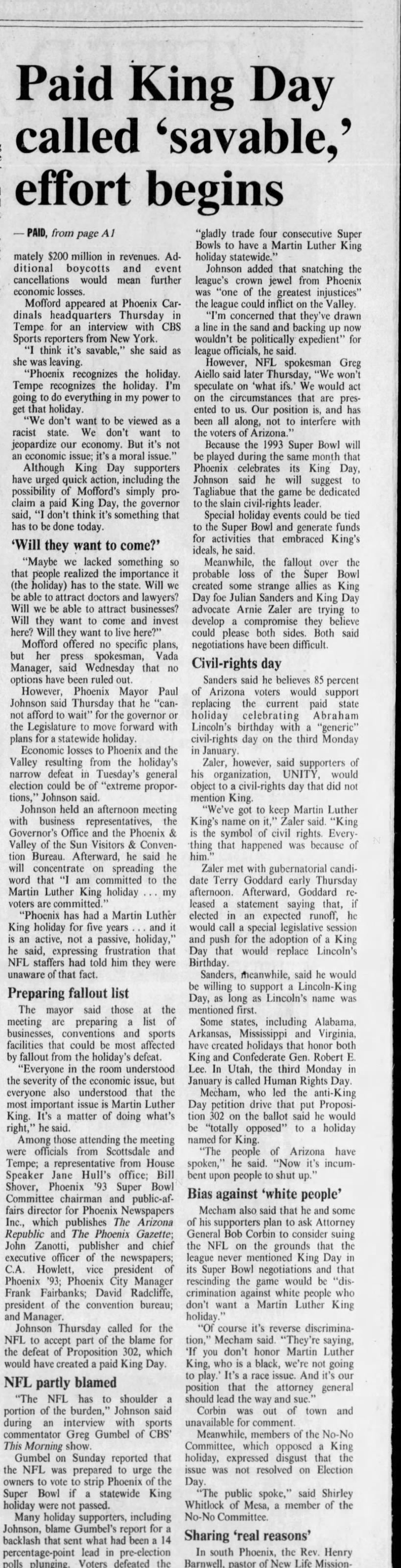 "Paid King Day called 'savable' effort begins (Nov 09, 1990)