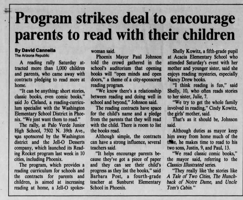 "Program strikes deal to encourage parents to read with their children" (Sep 16, 1990)