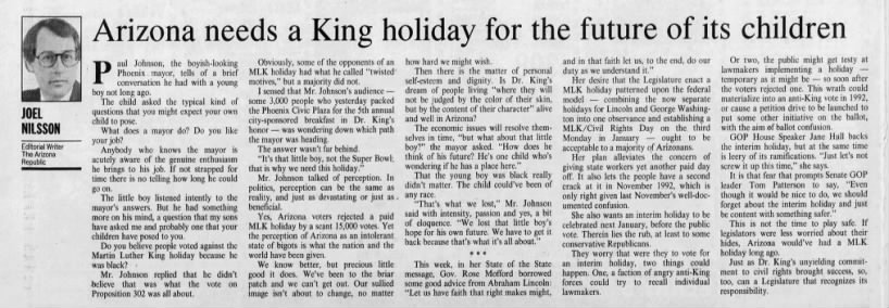"Arizona needs a King holiday for the future of its children" (Jan 19, 1991)
