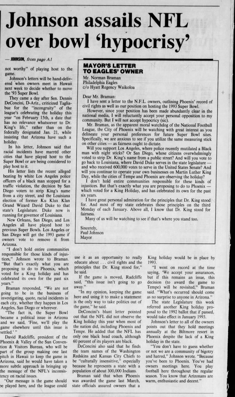 "Jonson assails NFL over bowl 'hypocrisy'" (Mar 15, 1991)
