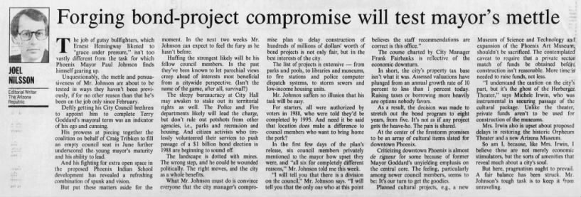 "Forging bond-project compromise will test mayor's mettle" (Oct 20, 1990)