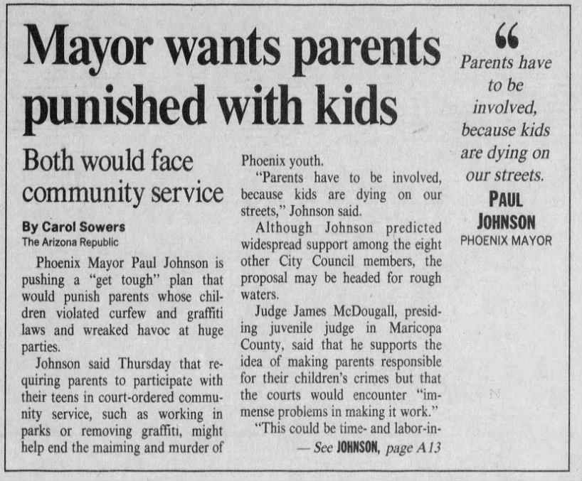 "Mayor wants parents punished with kids" (Dec 03, 1993)