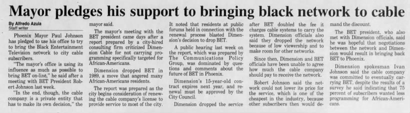 "Mayor pledges his support to brining black network to cable" (Nov 03, 1993)