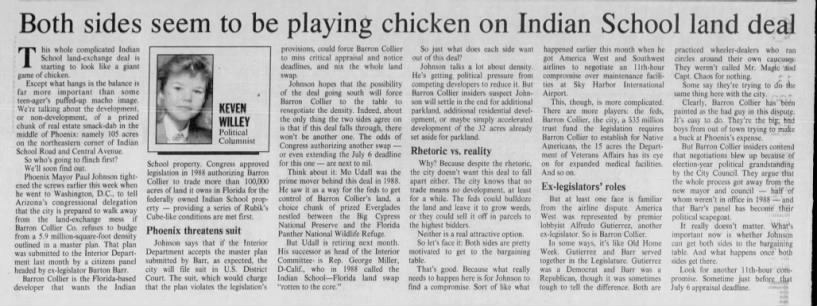"Both sides seem to be playing chicken on Indian School land deal" (Apr 25, 1991)