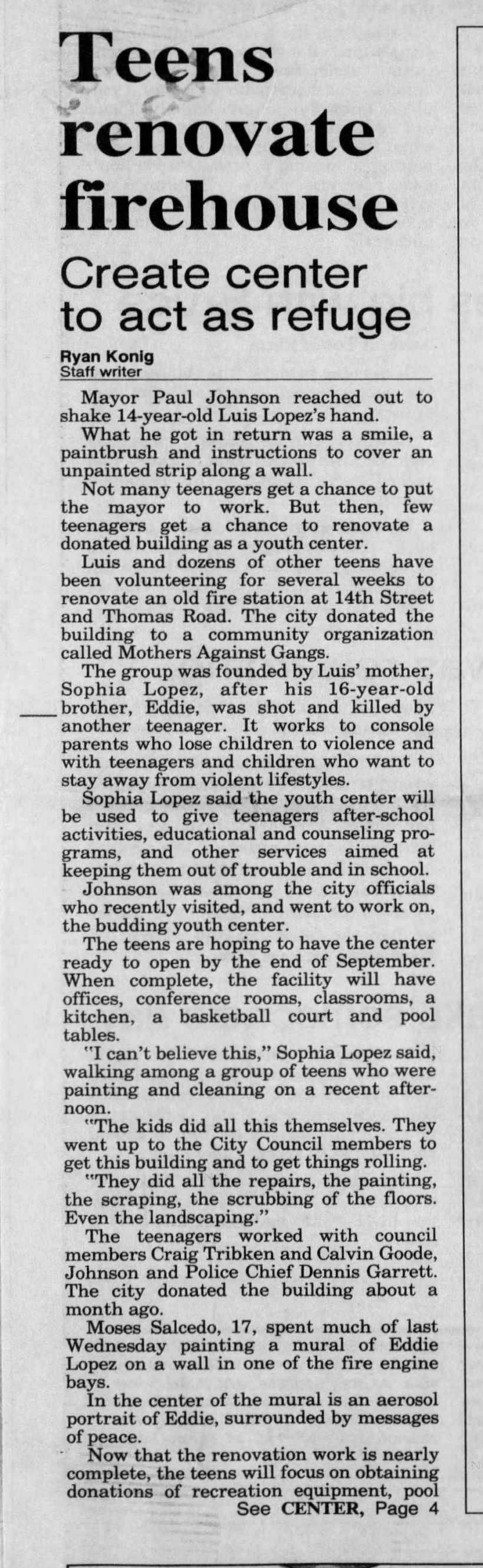 "Teen renovate firehouse" (Sep 01, 1993)