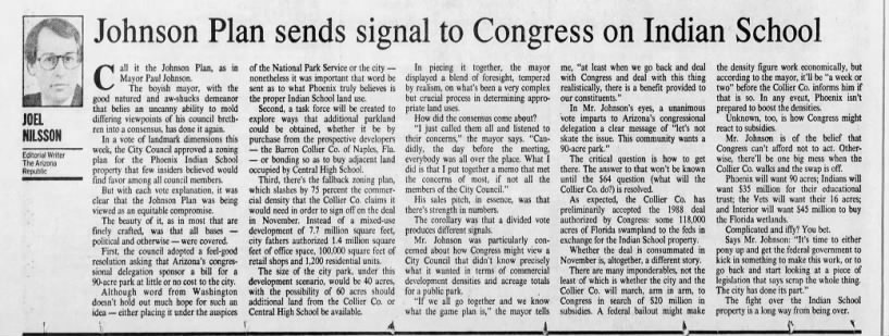 "Johnson Plan sends signal to Congress on Indian School" (Jun 29, 1991)