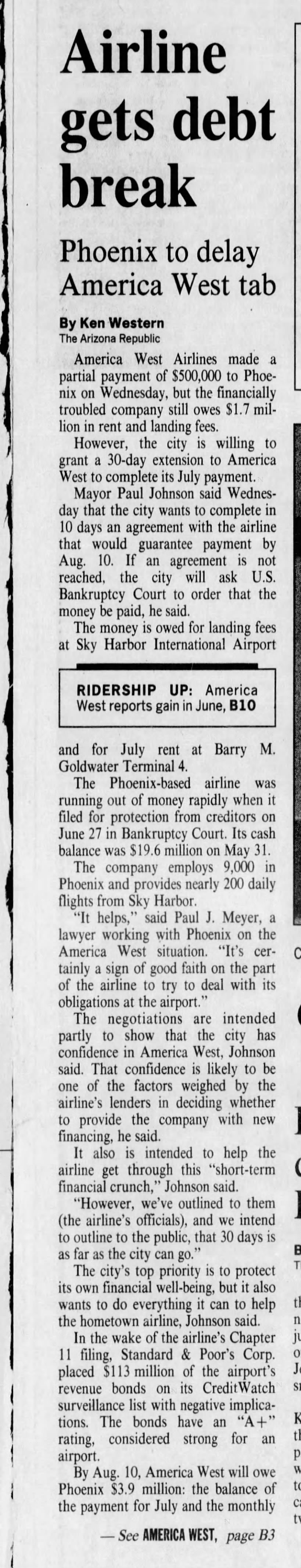 "Airline gets debt break" (Jul 11, 1991)