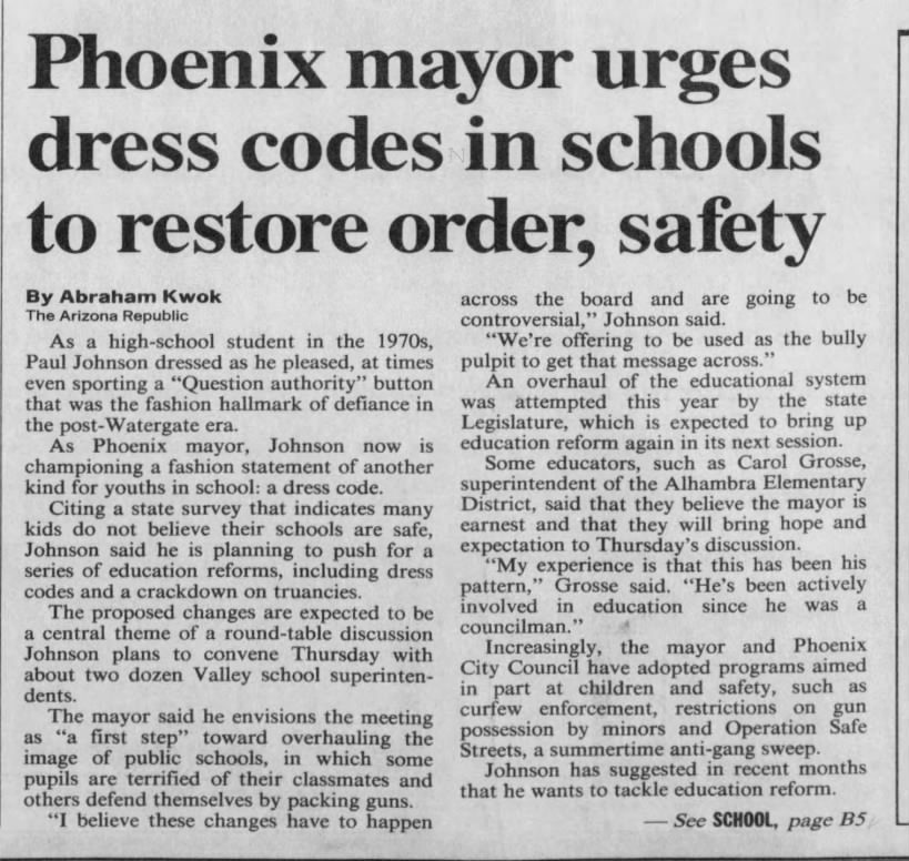"Phoenix mayor urges dress codes in schools to restore order, safety" (Aug 11, 1993)