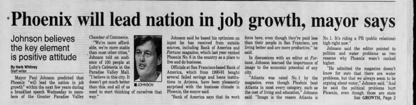 "Phoenix will lead nation in job growth, mayor says" (Jan 17, 1992)