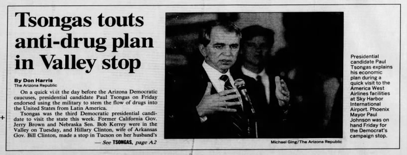 "Tsongas touts anti-drug plan in Valley stop" (Mar 07, 1992)