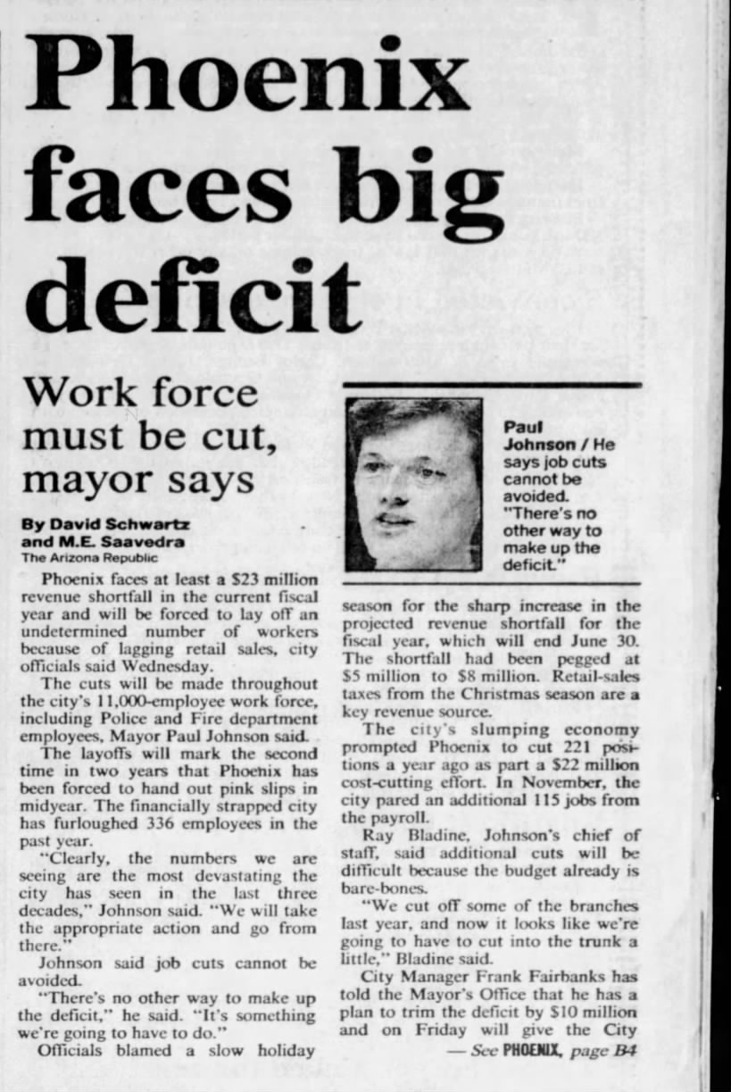 "Phoenix faces big deficit" (Feb 13, 1992)