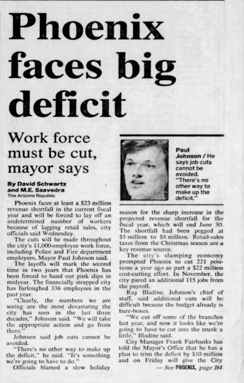 "Phoenix faces big deficit" (Feb 13, 1992)