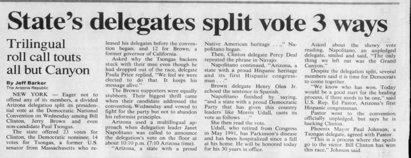 "State's delegates split vote 3 ways" (Jul 16, 1992)