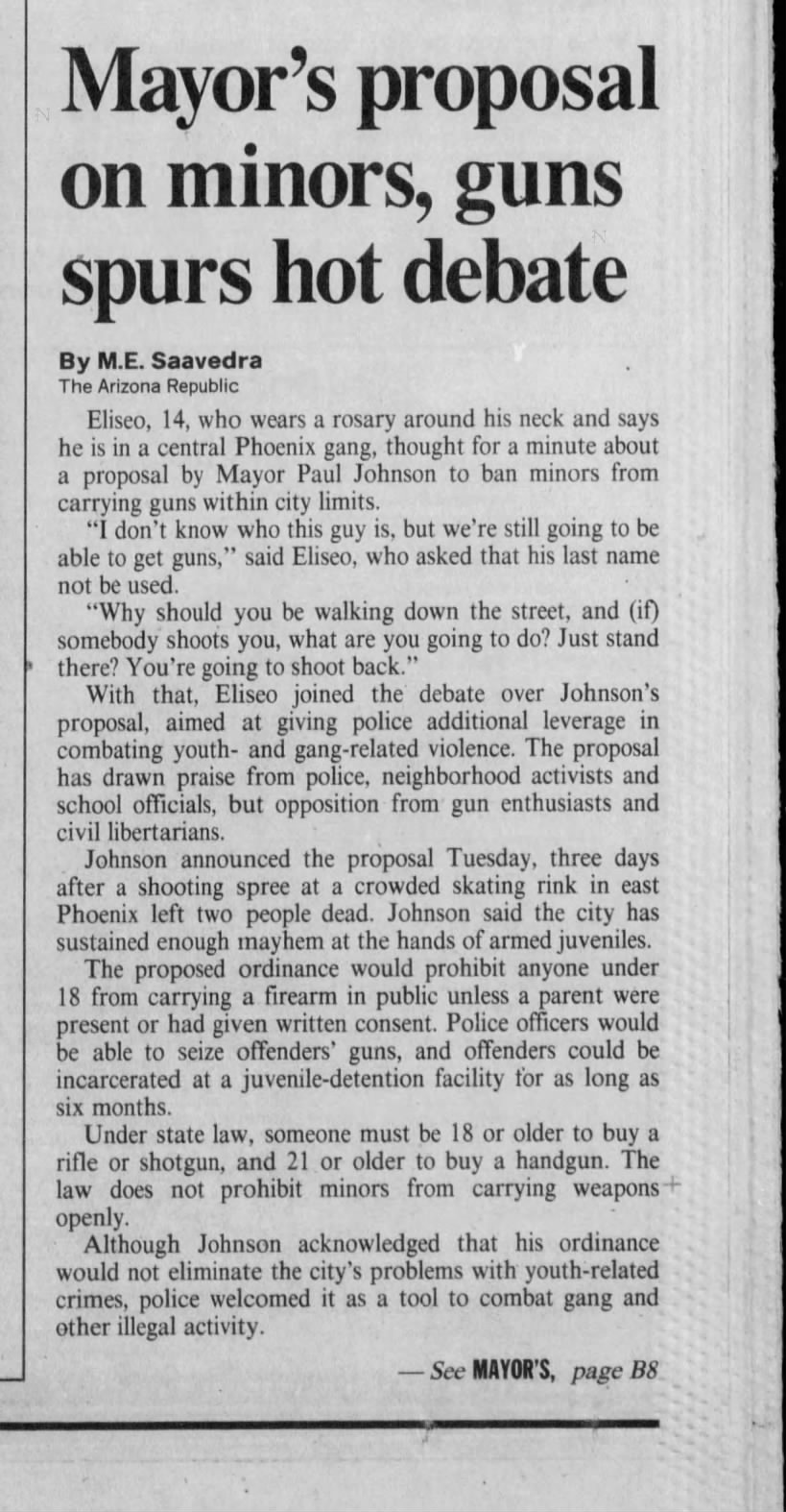 "Mayor's proposal on minors, guns spurs hot debate" (Apr 26, 1992)