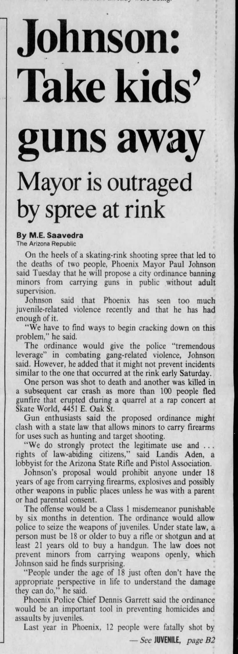"Johnson: Take kids' guns away" (Apr 22, 1992)
