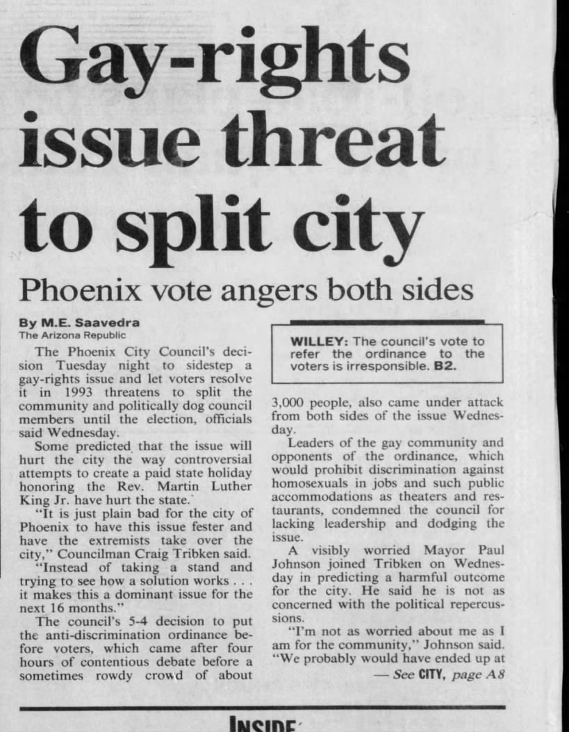 "Gay-rights issue threat to split city" (Jun 18, 1992)