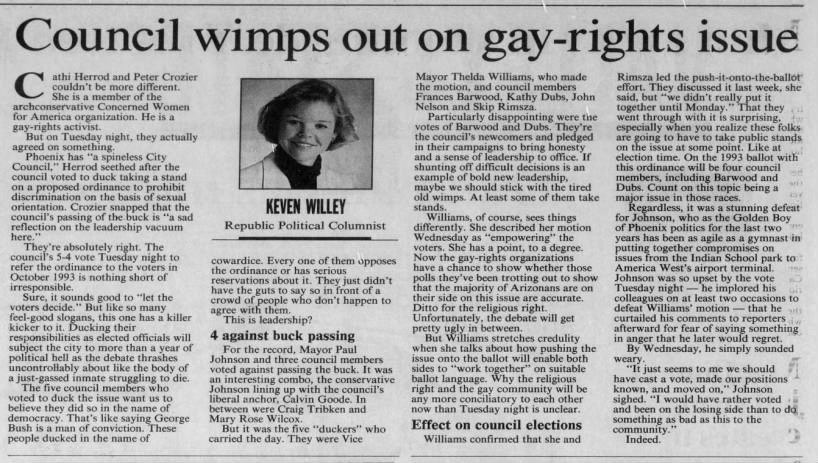 "Council wimps out on gay-rights issue" (Jun 18, 1992)