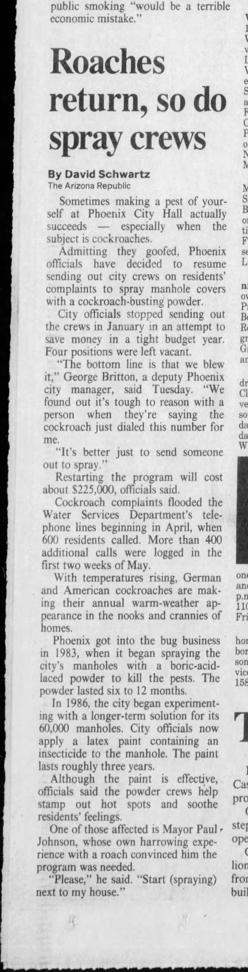 "Roaches return, so do spray crews" (May 21, 1992)