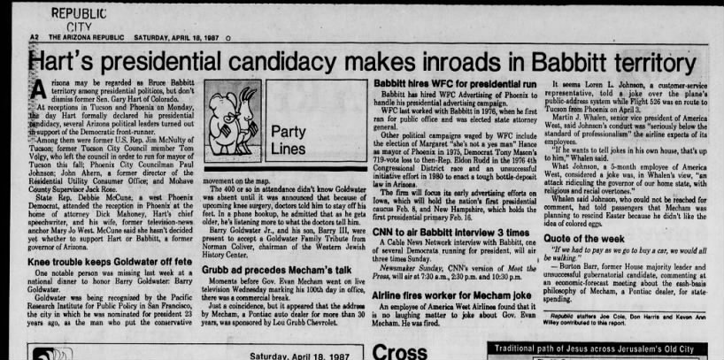 "Hart's presidential candidacy makes inroads in Babbitt territory" (Apr 18, 1987)