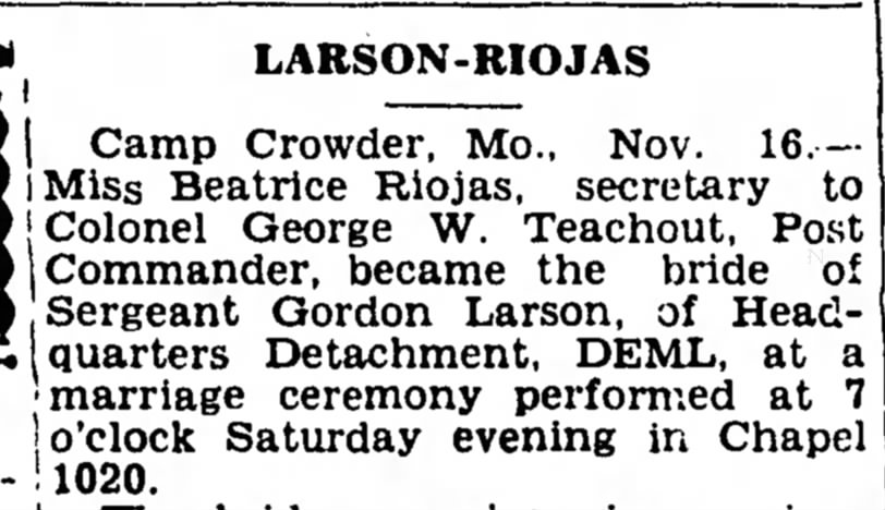 Larson-Riojas Wedding, Camp Crowder, 17 Nov 1942