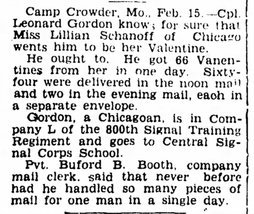 Leonard Gordon, Co L, 800th S.T.R., Camp Crowder 15 Feb 1943