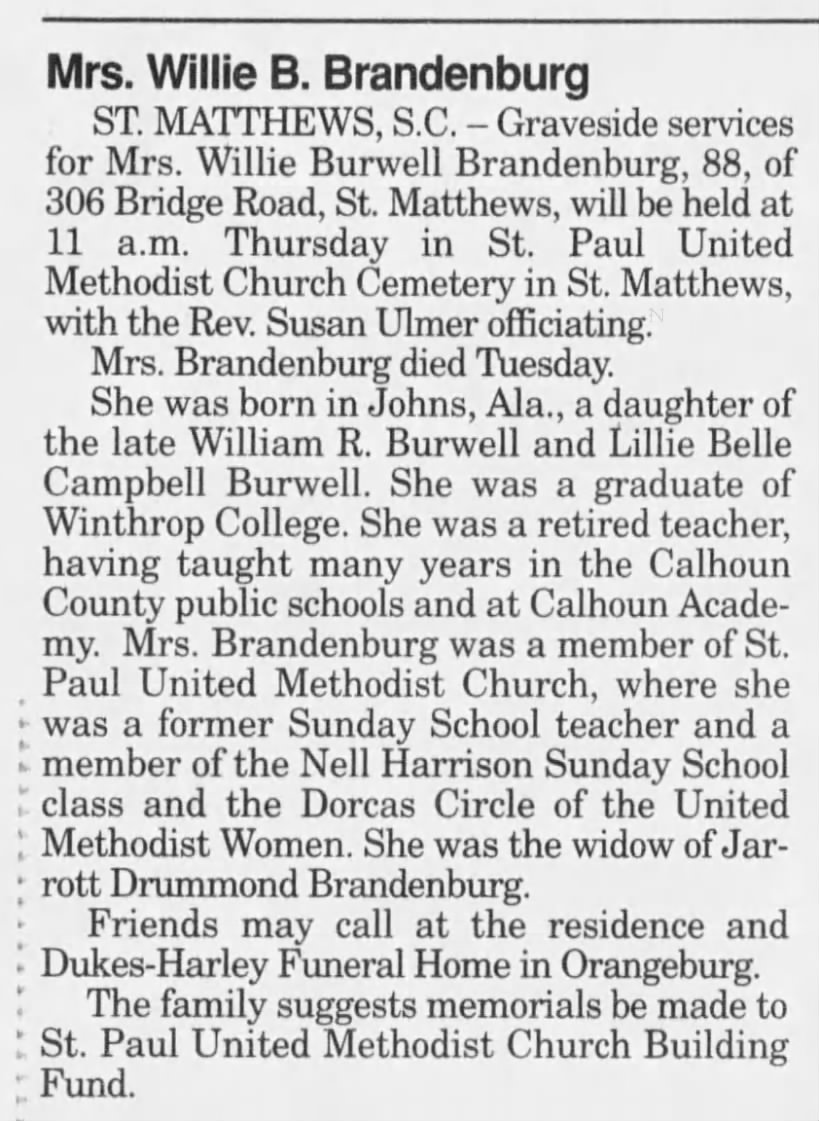 Willie Burwell Brandenburg obituary posted