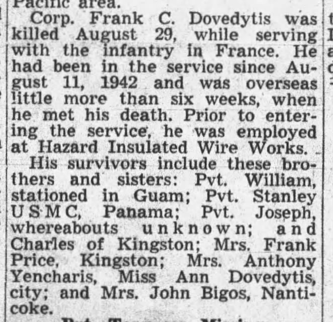 FRANK DOVEDTYIS DEATH NOTICE 1944