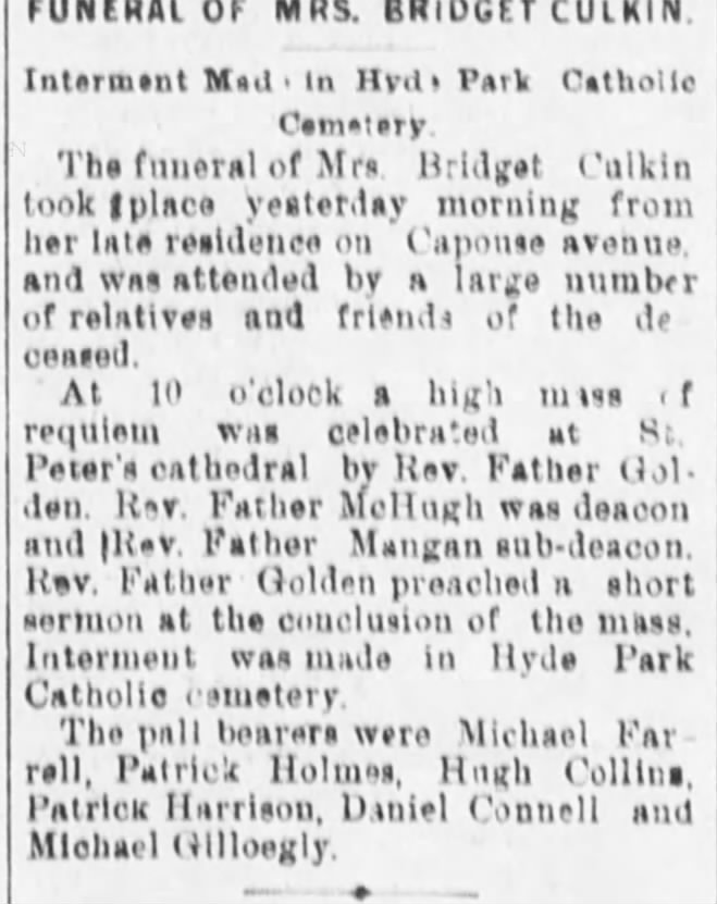 20 Feb 1894 funeral story of Mrs. Bridget Culkin.
