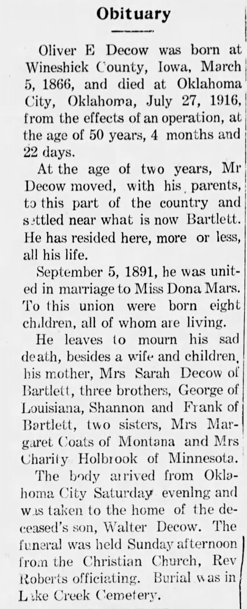 Oliver E. DeCow obituary