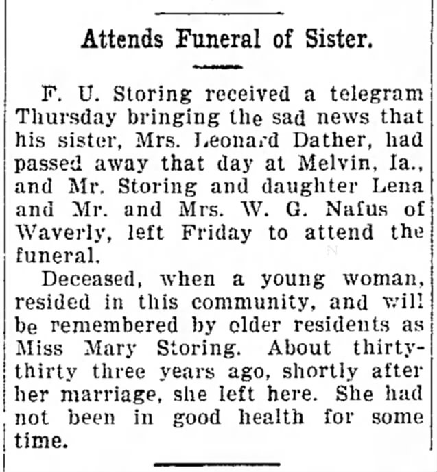 Mary Storing Dather Obit
The Nashua Reporter
Nashua, Iowa
February 1, 1928
Page 1, Column 2