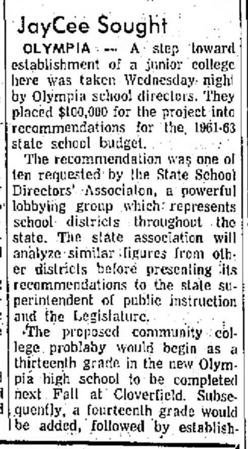 Beginning of Oly. Voc. Tech.
The Daily Chronicle
Centralia, WA
May 21, 1960
Page 5,
Col. 3