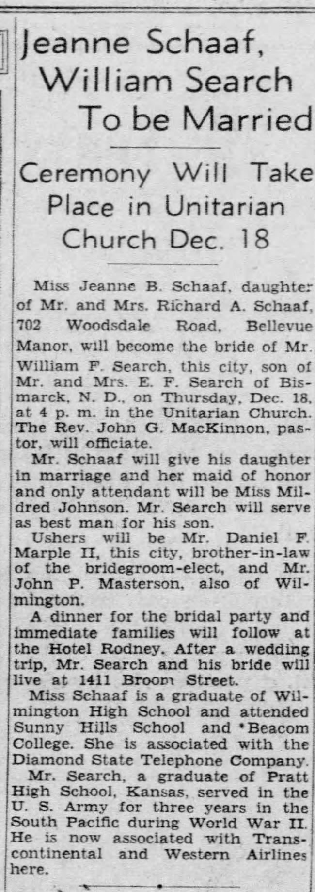 Marriage Announcement - Jeanne Schaaf to William Search